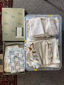 A quantity of 20th century vintage tablecloths and furniture protectors, to include damask, white