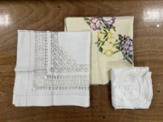Three antique and later tablecloths, to include white cotton with intricate hand-worked lace