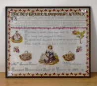 A 19th century framed and glazed needlework sampler performed by Hannah Bowerbank, age 12 years,