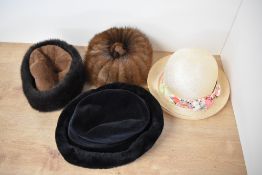 Assorted vintage hats to include Kates Boutique cloche style in brown fur, two suede and faux fur