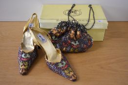 A pair of vintage Farfalla London slingback court shoes and matching evening bag, featuring heavy