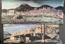 Two large 'tapestries' printed with reproduction images of historic towns, one depicts a seafront