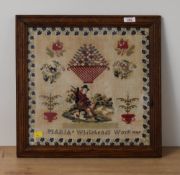 A framed and glazed needlework sampler performed by 'Maria Whiteheads Work' in 1847, depicts a man