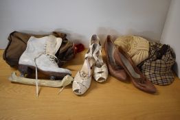 Assorted vintage accessories to include two pairs of ladies heeled shoes, a taupe mesh court size