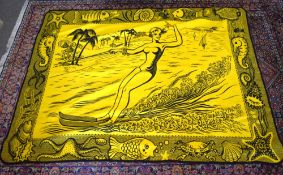 A 20th century vintage a striking yellow and black holiday theme with image of woman waterskiing,