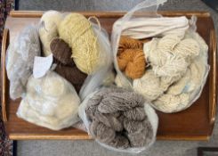 A quantity of yarn to include 4 skeins of Harris type wool in khaki or golden green by Bernard