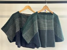 Two hand-woven batwing tops in emerald and navy 100% British Wool herringbone, with mint and ecru