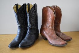 Two pairs of circa 1970s vintage cowboy boots, a tan leather pair with foliate stitchwork