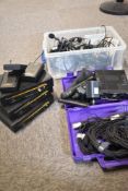 A really useful plastic box of microphones including AKG headset mics , stage mics etc