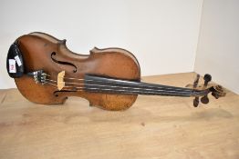 A traditional violin, probably 19th Century, having one piece back, approx 14inch, unlabelled , sold