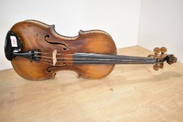 A traditional violin having one piece back, approx 14inch, unlabelled, sold in case (af)