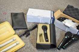 A really useful plastic box of microphones including XML & Audio Technica condensers, Samson choir