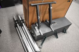 Two aluminium speaker stands, amp stand and useful lightweight carry case