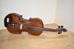 A traditional violin having one piece back, approx 14inch, labelled internally for JG Murdoch,