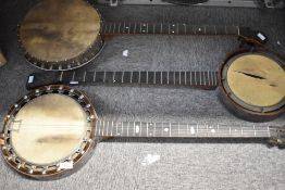Three antique banjo bodies, possibly late 19th or early 20th Century
