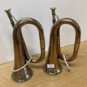 Vintage military-style brass and copper bugles, polished, original mouthpieces, no dates or other