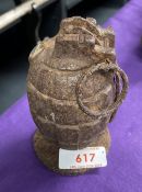 WW1 British Mills bomb or 'pineapple' hand grenade, inert/deactivated and in relic state as found,