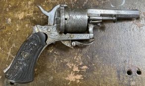 Belgian Lefaucheux-type pinfire six shot revolver, 7cm x 0.7cm diameter tarnished octagonal barrel