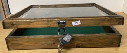 Display cabinet, stained soft wood, thought to be pine, glazed, lockable with key, 40cm wide x