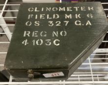 WW2-period British Artillery Clinometer by Avimo in minutes and degrees, stamped Clinometer Field