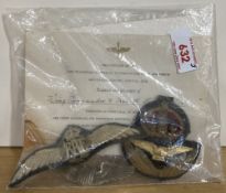 WW2-period Royal Air Force Pilot Officer's wings and RAF Officer's cap badge, the wings with long
