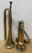 Brass bugles, 2no. thought to be Military but no specific Regimental affiliation, one 41cm stamped