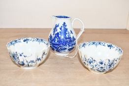Three 18th-century First Period Worcester blue and white porcelain ware, two include two small '