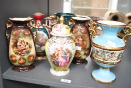 A quantity of Edwardian pottery vases, to feature two A.G Harley Jones-style mantel vases, a Royal