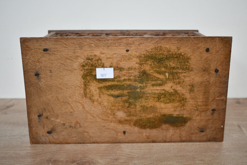 A small 20th-century carved wooden tissue box holder, in the form of a chest, featuring detailed - Image 5 of 5