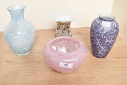 A small selection of 20th-century studio glass decorative vases, including a pink lustre swirled