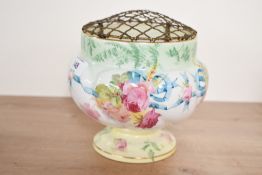 An Edwardian Royal Doulton floral decorative posy bowl, featuring hand painted roses, with a metal