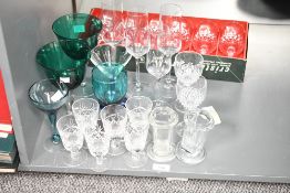 A selection of 20th-century glassware, to feature two green glass goblets, two coplin staining jars,