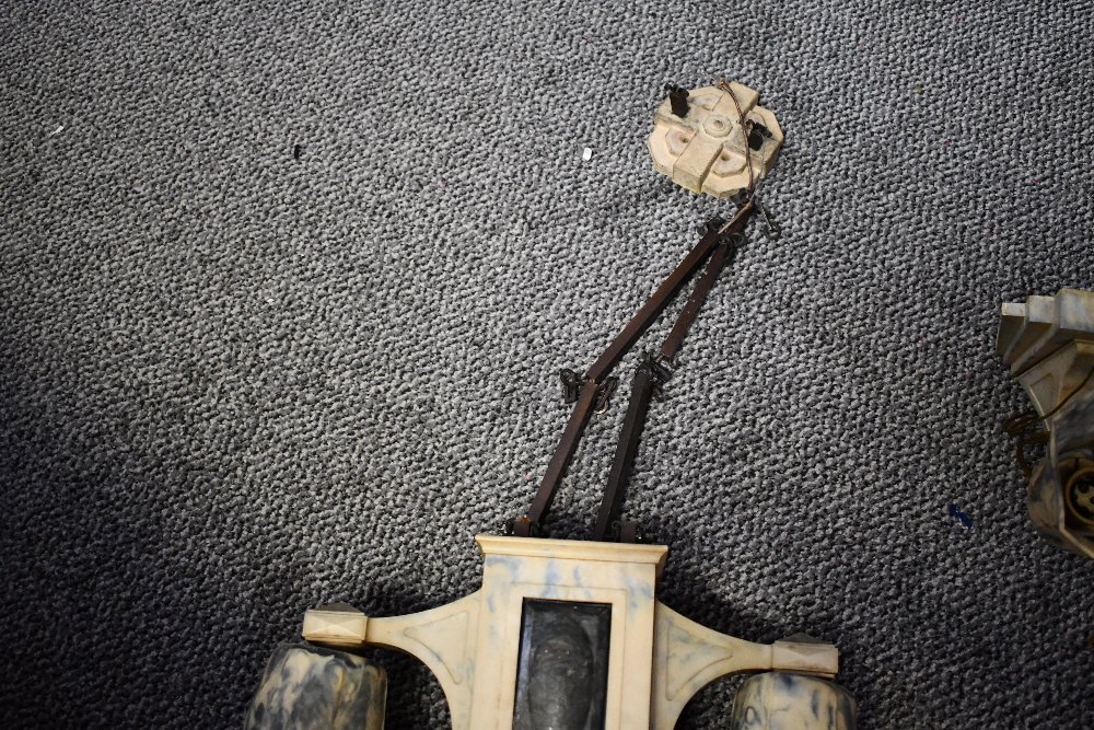 A early 20th-century Art Deco bakelite chandelier, featuring faux-stone square central body with two - Image 3 of 4