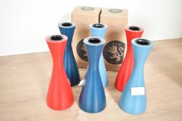 Six contemporary British Colour Standard medium wooden turned candlesticks, to feature petrol