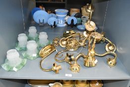 A small selection of 20th-century gilt metal light fixtures, to feature two ceiling three-light