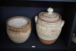 Two large vintage studio pottery lidded stoneware jars, to feature a large lidded bread crock