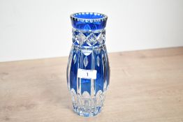 An early 20th-century Val Saint-Lambert-style cased blue clear cut lead crystal vase, of a deep