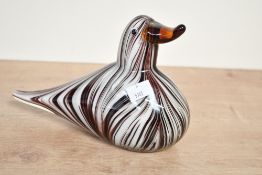 A large late 20th-century Murano-style art glass duck, featuring a pulled feather pattern of brows
