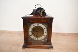 An early 20th-century Westminster chime burr walnut case bracket clock, featuring an etched brass