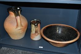 Three large pieces of 20th-century Muchelney Pottery after John Leach, to feature a bowl, a ewer and