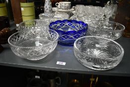 A selection of late 19th to 20th-century crystal cut bowls, to feature a cobalt blue example, mostly