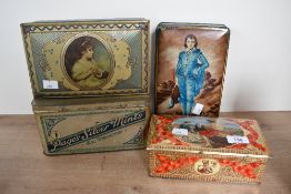 Four vintage metal novelty tins, to feature The Blue Boy by Gainsborough, a Bensons Confectionary
