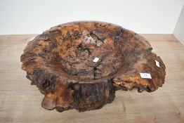 Of local interest, a large late 20th-century hand-turned burl wood centrepiece bowl, having a