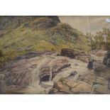 A 19th Century watercolour, a mountainous landscape with small waterfall, initialled (H.S?) and