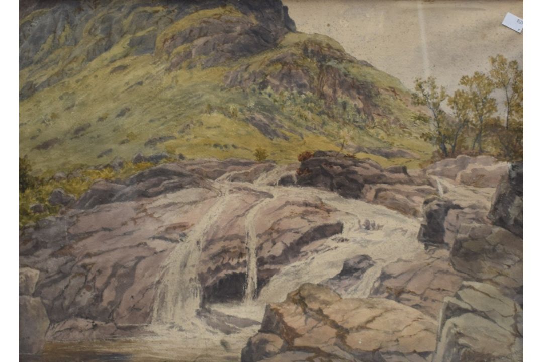 A 19th Century watercolour, a mountainous landscape with small waterfall, initialled (H.S?) and - Image 1 of 6