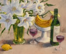 Geoffrey Smith (British Contemporary) Oil on board 'Still Life with Lillies', an elegant composition