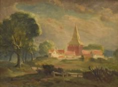 A 20th Century oil on board, a 1930s village scene, unsigned or attributed, within moulded gilt