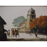 Edgardo Saemiento (20th Century) Oil on canvas, a vibrant Eastern temple street scene in autumnal