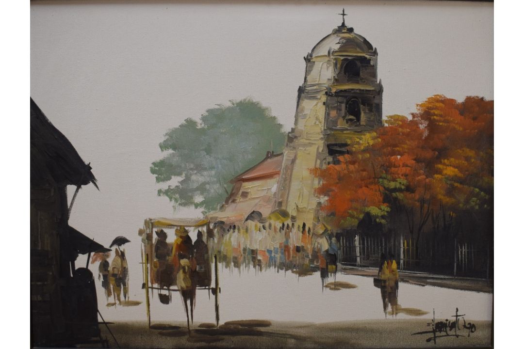 Edgardo Saemiento (20th Century) Oil on canvas, a vibrant Eastern temple street scene in autumnal - Image 1 of 5