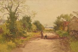 A pair of 19th/20th Century oil on board landscapes, agricultural scenes with figures working